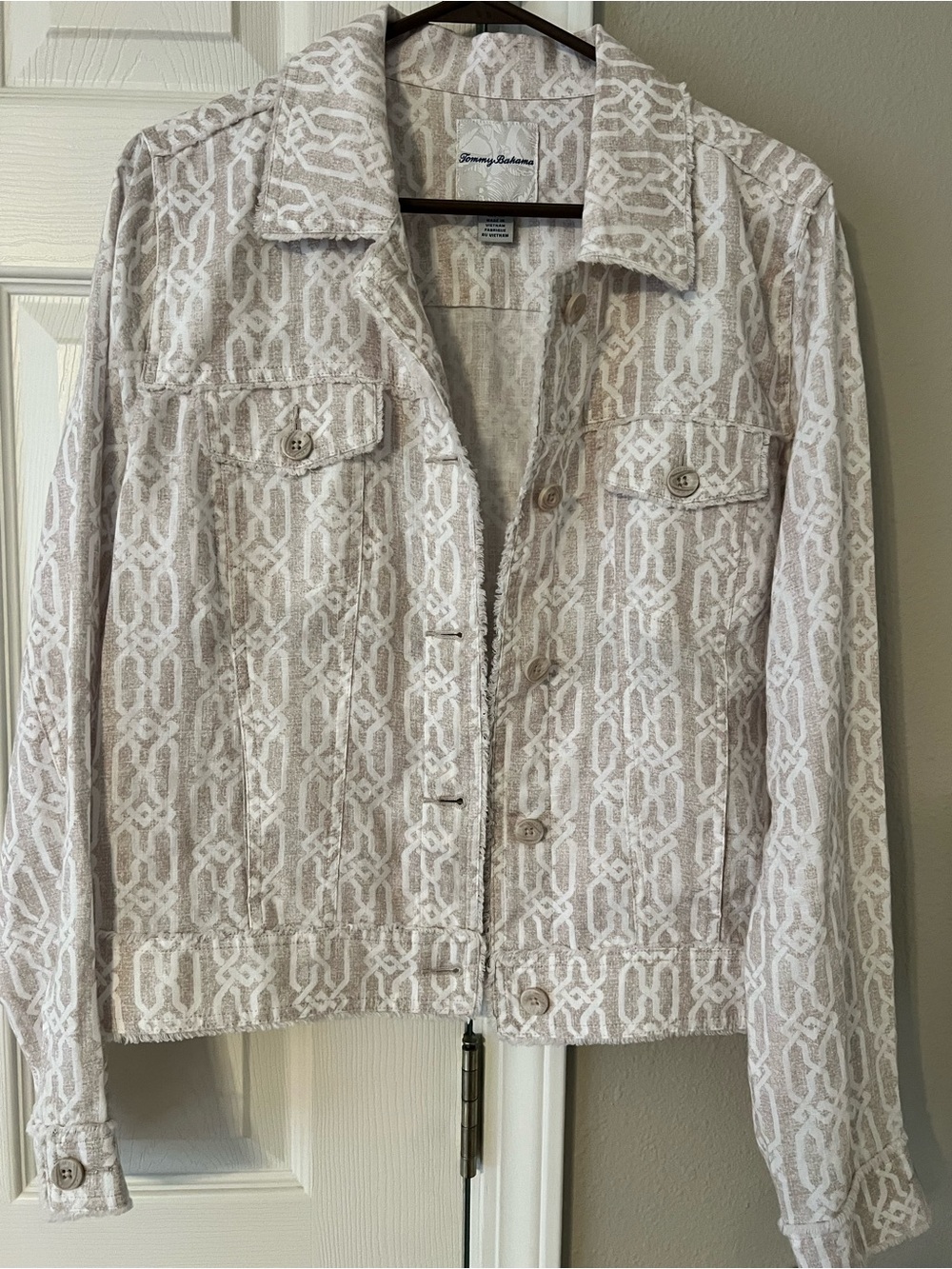 Tommy Bahama Beige & White Patterned Jean Jacket